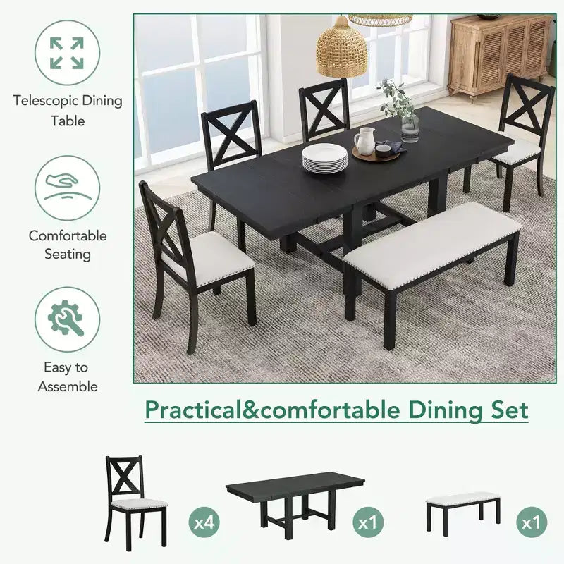 Set da pranzo allungabile in stile rustico per 6 persone, tavolo rettangolare in legno massello con prolunga rimovibile, 4 sedie imbottite e panca