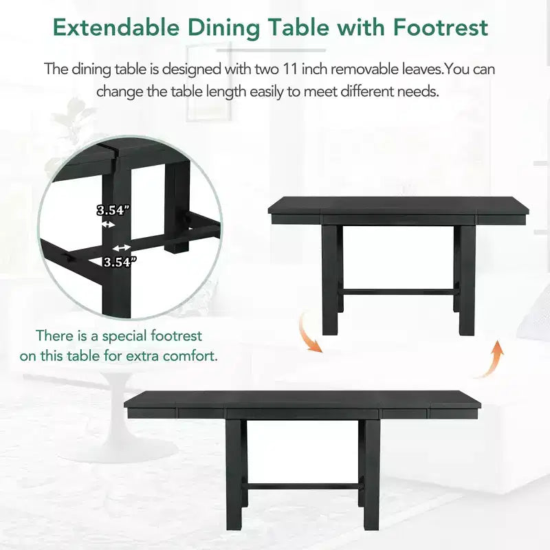 Set da pranzo allungabile in stile rustico per 6 persone, tavolo rettangolare in legno massello con prolunga rimovibile, 4 sedie imbottite e panca