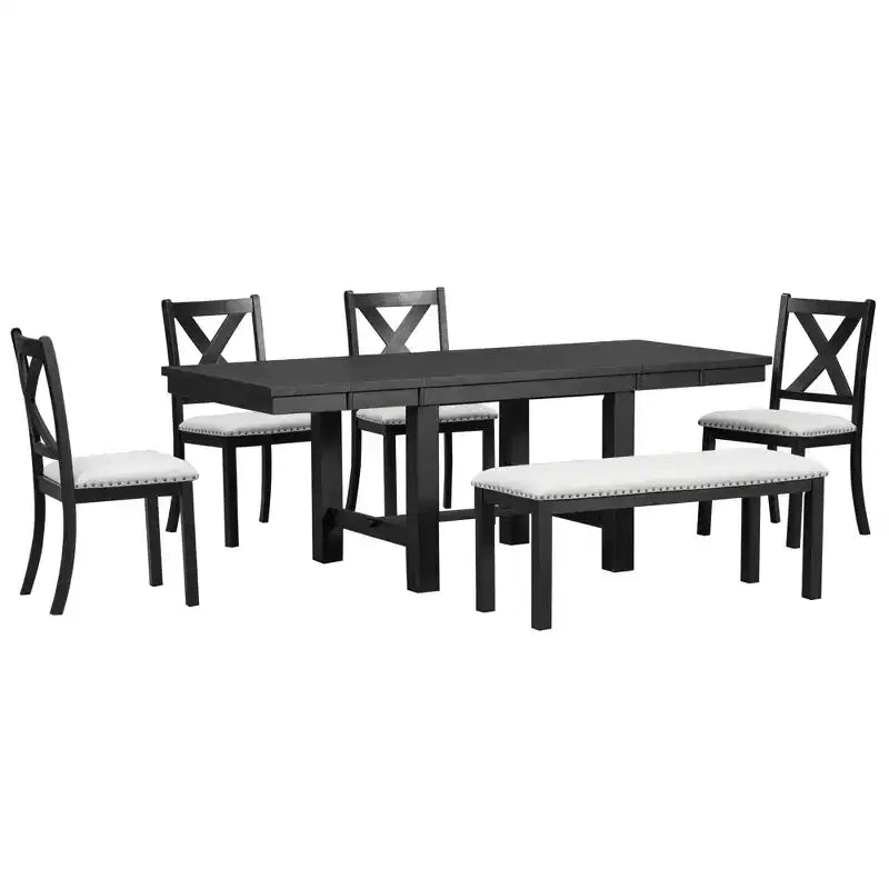 Set da pranzo allungabile in stile rustico per 6 persone, tavolo rettangolare in legno massello con prolunga rimovibile, 4 sedie imbottite e panca