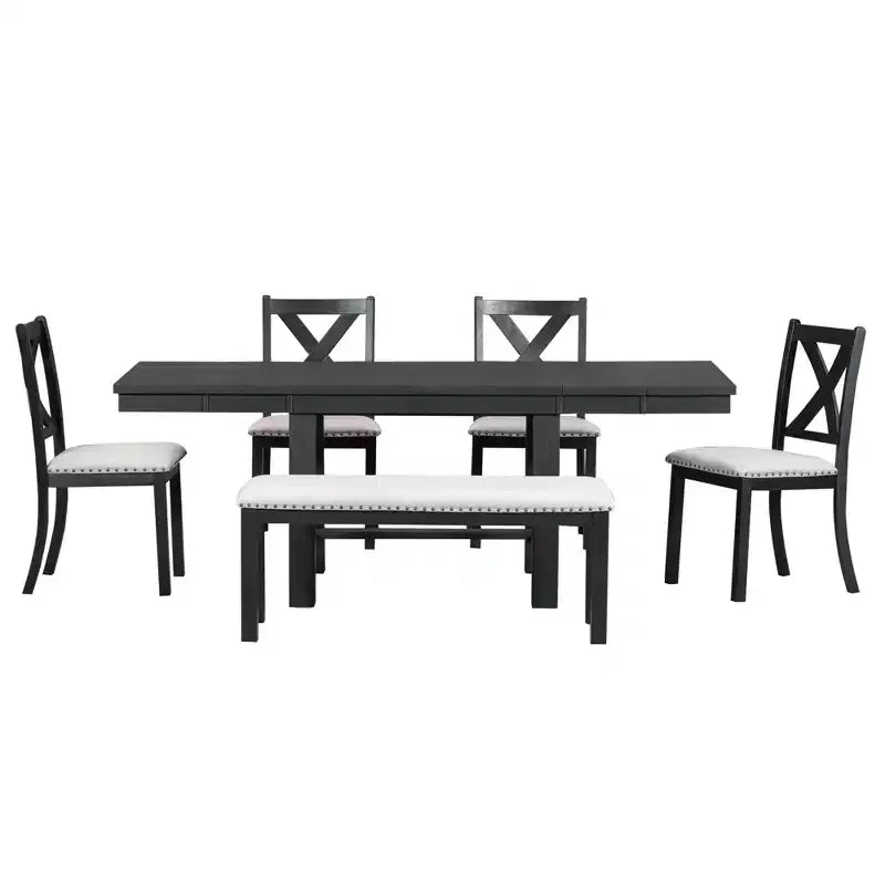 Set da pranzo allungabile in stile rustico per 6 persone, tavolo rettangolare in legno massello con prolunga rimovibile, 4 sedie imbottite e panca