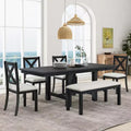 Farmhouse Extendable Dining Table Set for 6, Solid Wood Rectangular Kitchen Table Set with Removable Leaf, 4 Upholstered Chairs and Bench