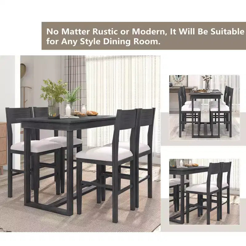Set da Pranzo a Altezza Bancone da 5 Pezzi per 4 Persone, Set Tavolo da Bar in Legno Stile Rustico con 4 Sedie Imbottite per Spazi Ristretti