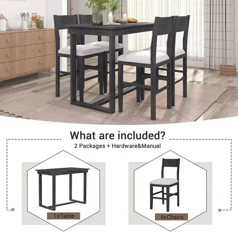 Set da Pranzo a Altezza Bancone da 5 Pezzi per 4 Persone, Set Tavolo da Bar in Legno Stile Rustico con 4 Sedie Imbottite per Spazi Ristretti
