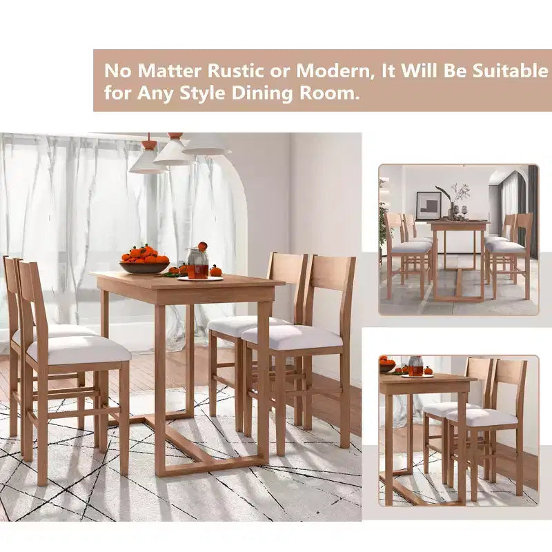Set da Pranzo a Altezza Bancone da 5 Pezzi per 4 Persone, Set Tavolo da Bar in Legno Stile Rustico con 4 Sedie Imbottite per Spazi Ristretti