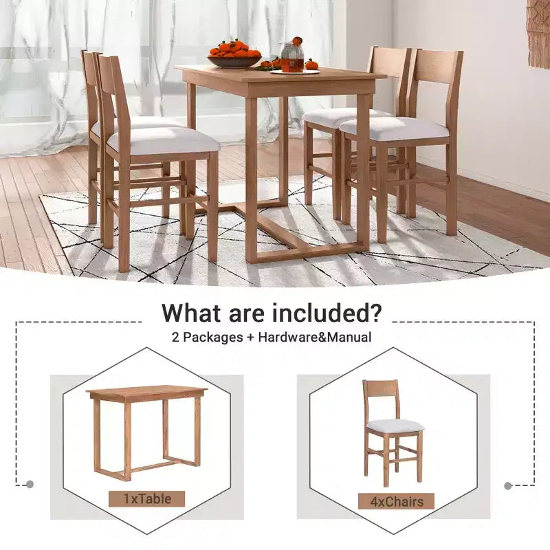 Set da Pranzo a Altezza Bancone da 5 Pezzi per 4 Persone, Set Tavolo da Bar in Legno Stile Rustico con 4 Sedie Imbottite per Spazi Ristretti