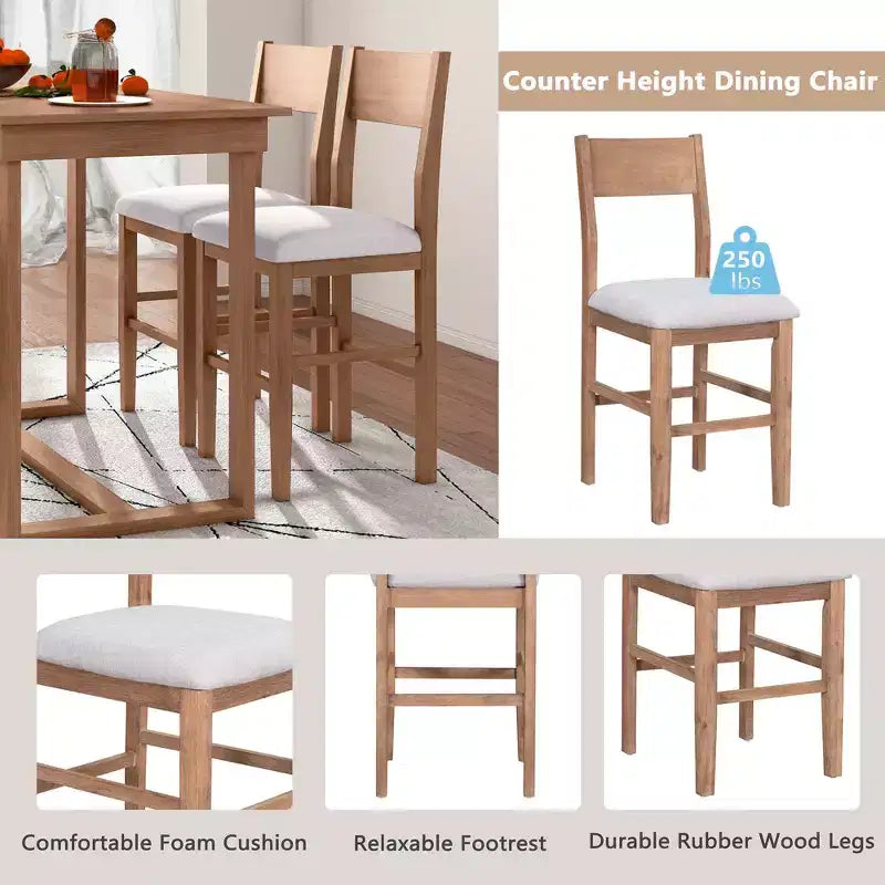 Set da Pranzo a Altezza Bancone da 5 Pezzi per 4 Persone, Set Tavolo da Bar in Legno Stile Rustico con 4 Sedie Imbottite per Spazi Ristretti