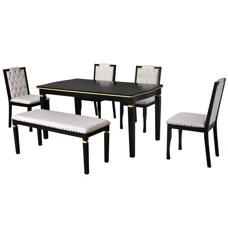 Set da Tavolo da Pranzo da Cucina Retrò da 6 Pezzi, Tavolo Rettangolare e 4 Sedie Trapuntate con Schienale Alto e Panca, Set Tavolo da Sala da Pranzo in Legno per 6
