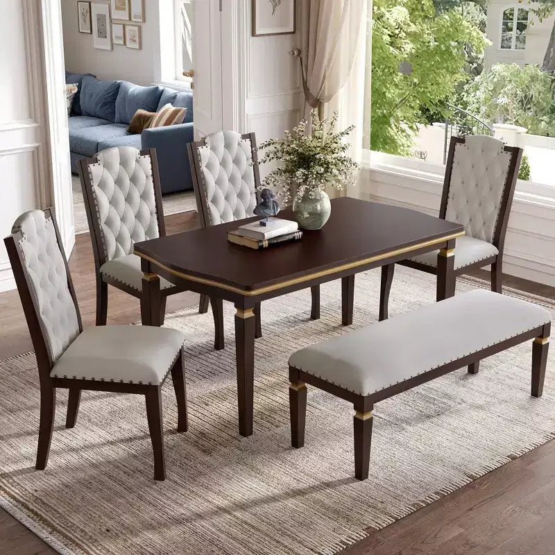 Set da Tavolo da Pranzo da Cucina Retrò da 6 Pezzi, Tavolo Rettangolare e 4 Sedie Trapuntate con Schienale Alto e Panca, Set Tavolo da Sala da Pranzo in Legno per 6