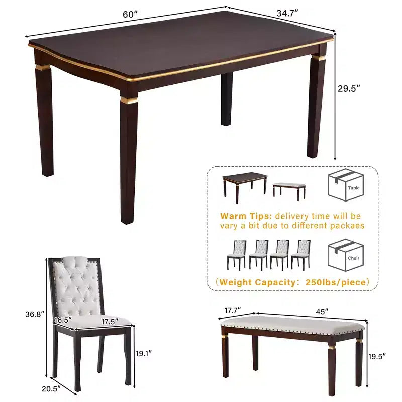 Set da Tavolo da Pranzo da Cucina Retrò da 6 Pezzi, Tavolo Rettangolare e 4 Sedie Trapuntate con Schienale Alto e Panca, Set Tavolo da Sala da Pranzo in Legno per 6