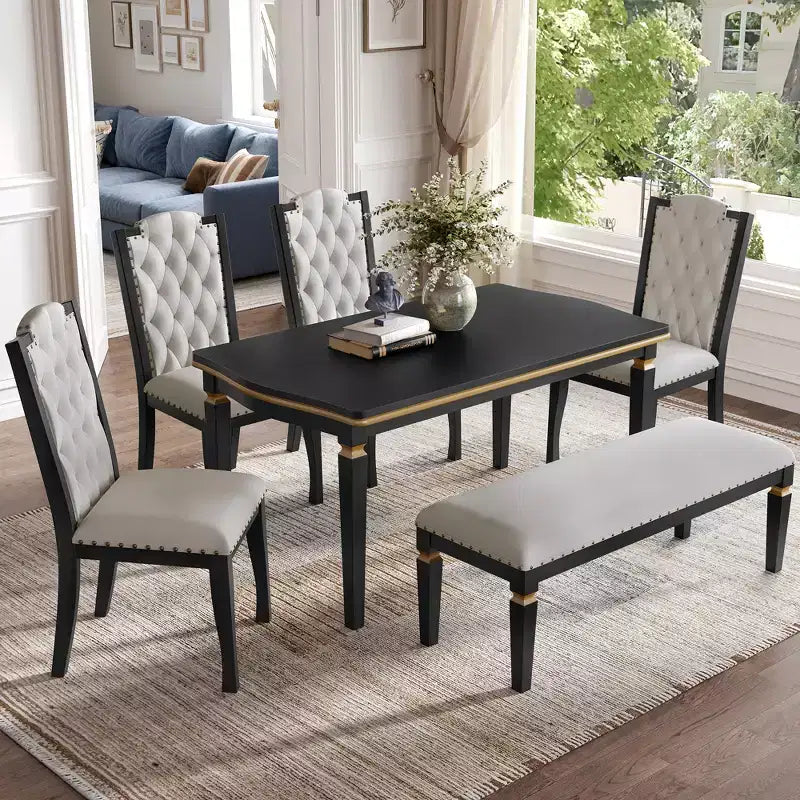 Set da Tavolo da Pranzo da Cucina Retrò da 6 Pezzi, Tavolo Rettangolare e 4 Sedie Trapuntate con Schienale Alto e Panca, Set Tavolo da Sala da Pranzo in Legno per 6