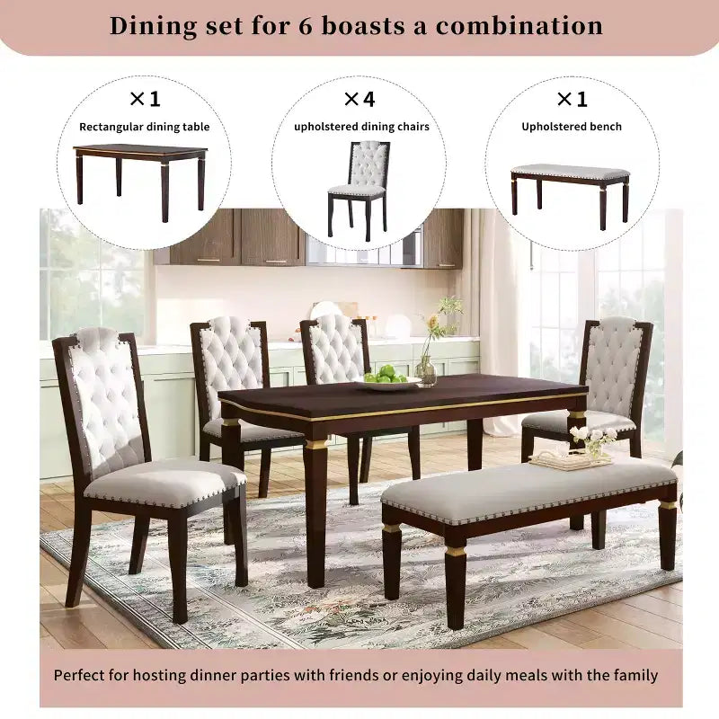 Set da Tavolo da Pranzo da Cucina Retrò da 6 Pezzi, Tavolo Rettangolare e 4 Sedie Trapuntate con Schienale Alto e Panca, Set Tavolo da Sala da Pranzo in Legno per 6