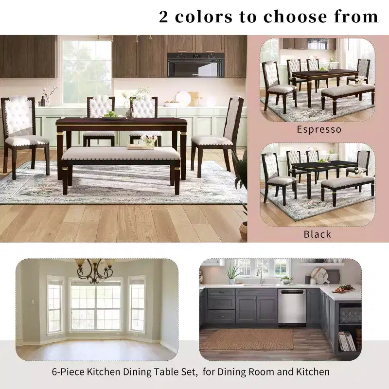 Set da Tavolo da Pranzo da Cucina Retrò da 6 Pezzi, Tavolo Rettangolare e 4 Sedie Trapuntate con Schienale Alto e Panca, Set Tavolo da Sala da Pranzo in Legno per 6