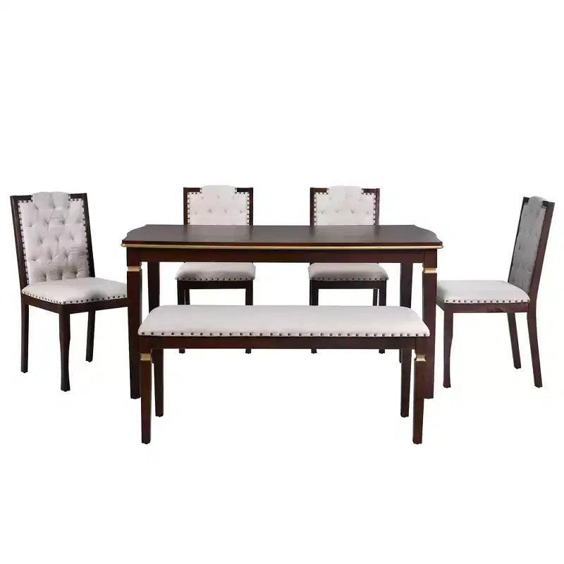 Set da Tavolo da Pranzo da Cucina Retrò da 6 Pezzi, Tavolo Rettangolare e 4 Sedie Trapuntate con Schienale Alto e Panca, Set Tavolo da Sala da Pranzo in Legno per 6