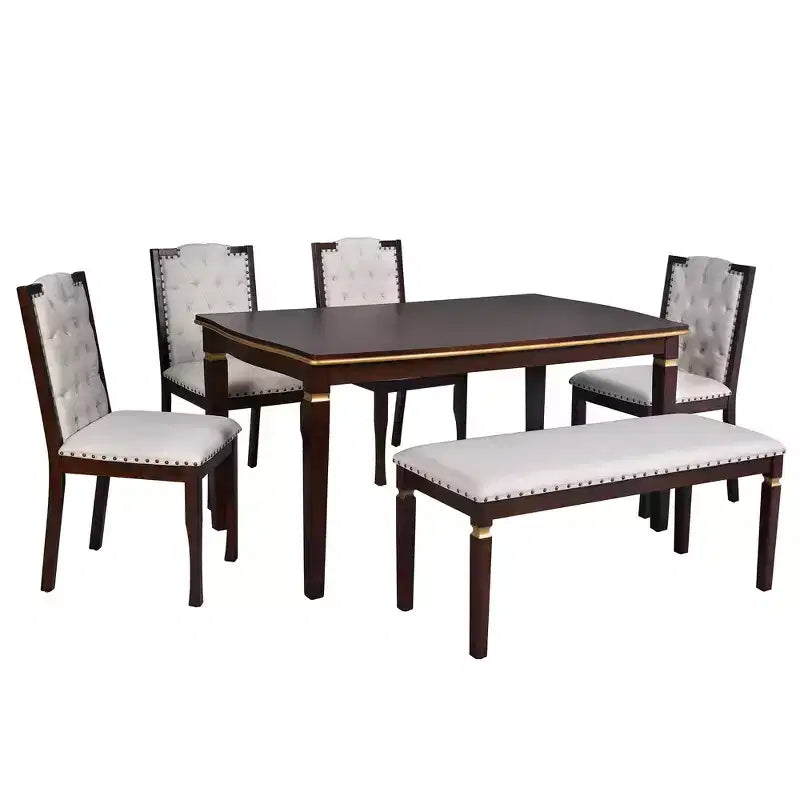 Set da Tavolo da Pranzo da Cucina Retrò da 6 Pezzi, Tavolo Rettangolare e 4 Sedie Trapuntate con Schienale Alto e Panca, Set Tavolo da Sala da Pranzo in Legno per 6