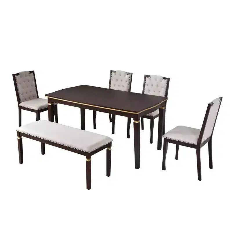 Set da Tavolo da Pranzo da Cucina Retrò da 6 Pezzi, Tavolo Rettangolare e 4 Sedie Trapuntate con Schienale Alto e Panca, Set Tavolo da Sala da Pranzo in Legno per 6