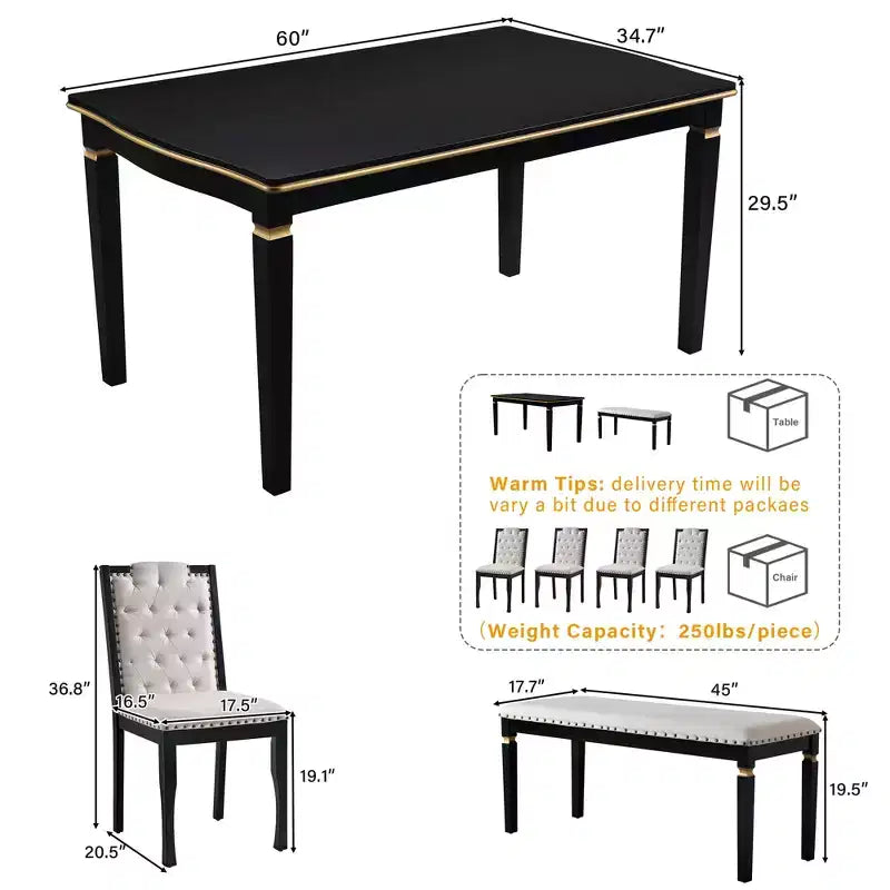 Set da Tavolo da Pranzo da Cucina Retrò da 6 Pezzi, Tavolo Rettangolare e 4 Sedie Trapuntate con Schienale Alto e Panca, Set Tavolo da Sala da Pranzo in Legno per 6