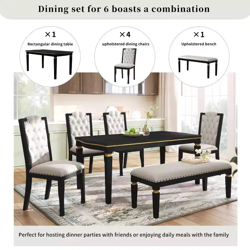 Set da Tavolo da Pranzo da Cucina Retrò da 6 Pezzi, Tavolo Rettangolare e 4 Sedie Trapuntate con Schienale Alto e Panca, Set Tavolo da Sala da Pranzo in Legno per 6