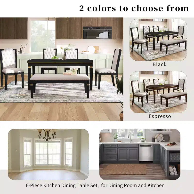 Set da Tavolo da Pranzo da Cucina Retrò da 6 Pezzi, Tavolo Rettangolare e 4 Sedie Trapuntate con Schienale Alto e Panca, Set Tavolo da Sala da Pranzo in Legno per 6