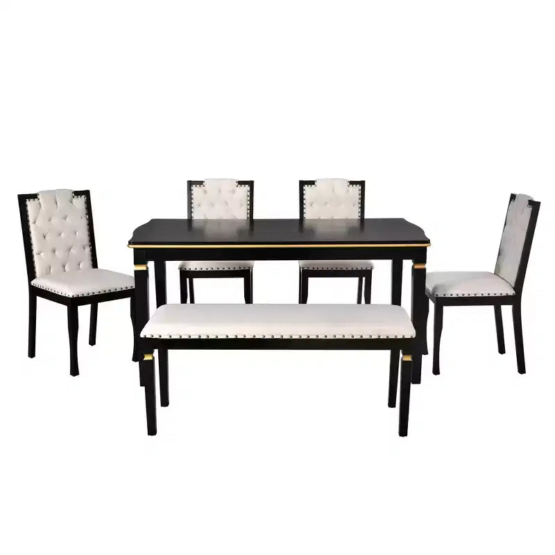 Set da Tavolo da Pranzo da Cucina Retrò da 6 Pezzi, Tavolo Rettangolare e 4 Sedie Trapuntate con Schienale Alto e Panca, Set Tavolo da Sala da Pranzo in Legno per 6