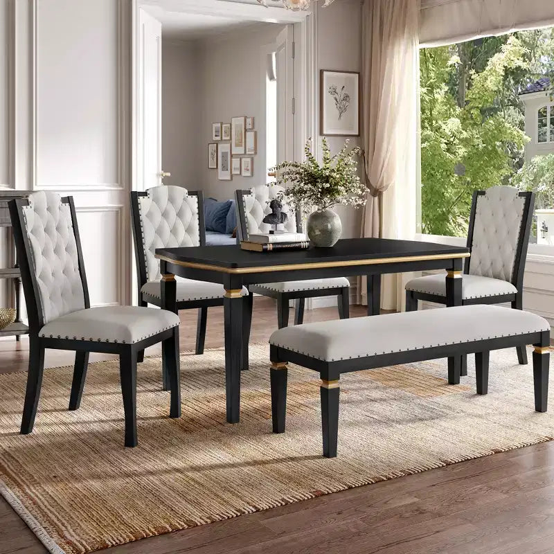 Retro 6 Pieces Kitchen Dining Table Set, Rectangular Table and 4 High-Back Tufted Chairs & Bench, Wood Dining Room Table Set for 6