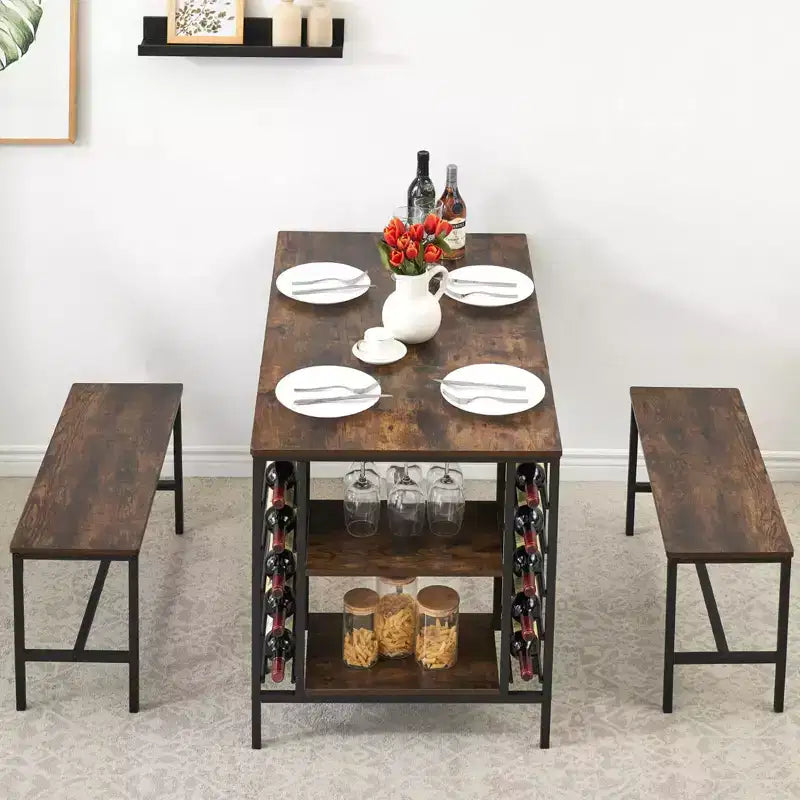 Set da tavolo da pranzo per 4, tavolo da cucina con 2 panche, portabottiglie e ripiano portaoggetti, set da tavolo da pranzo rettangolare, set da tavolo da pranzo da 3 pezzi