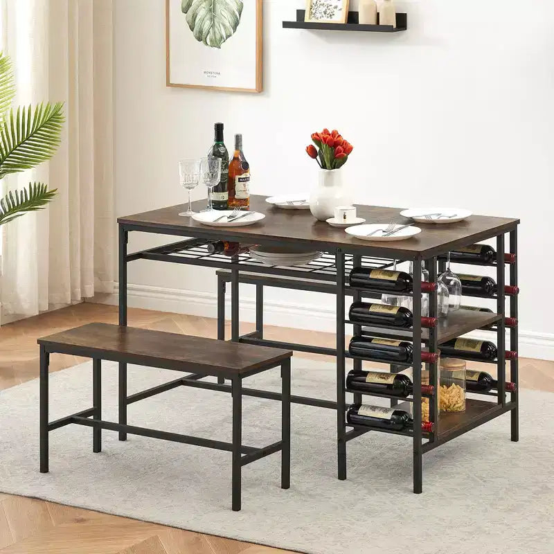 Set da tavolo da pranzo per 4, tavolo da cucina con 2 panche, portabottiglie e ripiano portaoggetti, set da tavolo da pranzo rettangolare, set da tavolo da pranzo da 3 pezzi
