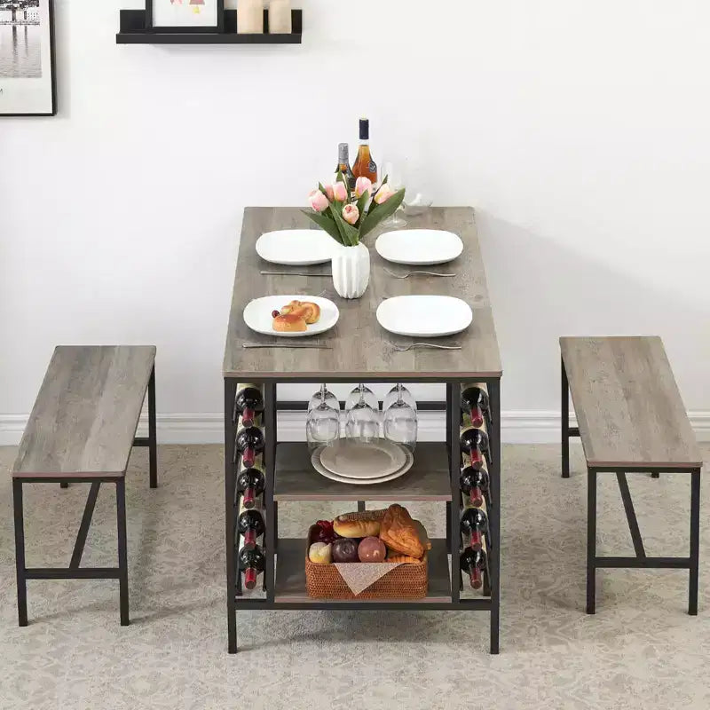 Set da tavolo da pranzo per 4, tavolo da cucina con 2 panche, portabottiglie e ripiano portaoggetti, set da tavolo da pranzo rettangolare, set da tavolo da pranzo da 3 pezzi