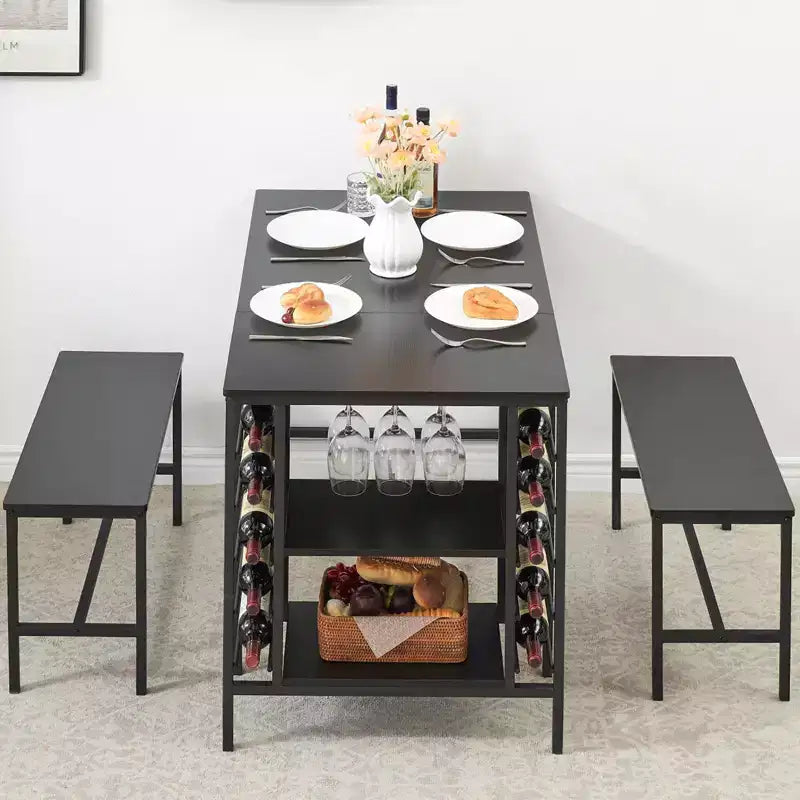 Set da tavolo da pranzo per 4, tavolo da cucina con 2 panche, portabottiglie e ripiano portaoggetti, set da tavolo da pranzo rettangolare, set da tavolo da pranzo da 3 pezzi
