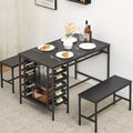 Dining Table Set for 4, Kitchen Table with 2 Benches, Wine Rack and Storage Shelf, Rectangular Dining Room Table Set, 3 Piece Dining Table Set