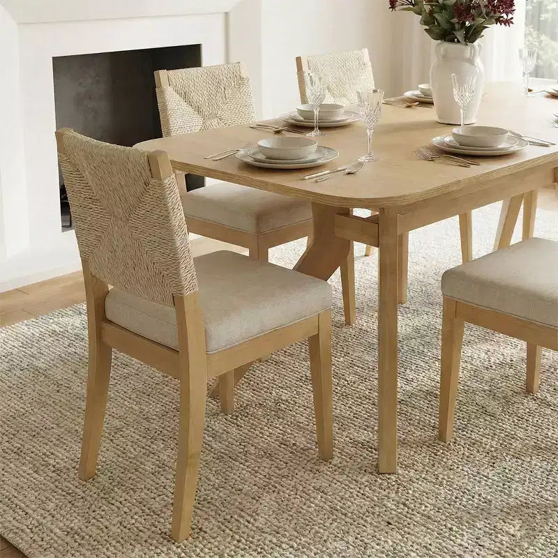 Set Tavolo da Pranzo Allungabile per 6/8, Mobili Sala da Pranzo Japandi, Sedie con Schienale in Corda e Sedute Imbottite Beige-Panipeachy
