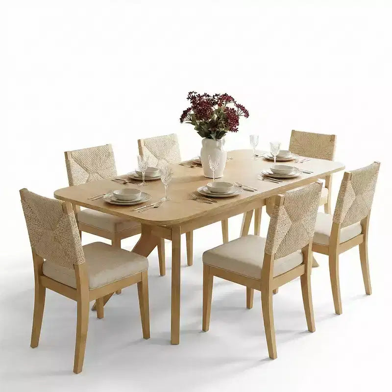 Set Tavolo da Pranzo Allungabile per 6/8, Mobili Sala da Pranzo Japandi, Sedie con Schienale in Corda e Sedute Imbottite Beige-Panipeachy