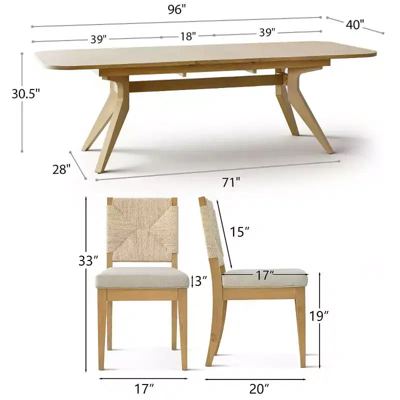 Set Tavolo da Pranzo Allungabile per 6/8, Mobili Sala da Pranzo Japandi, Sedie con Schienale in Corda e Sedute Imbottite Beige-Panipeachy