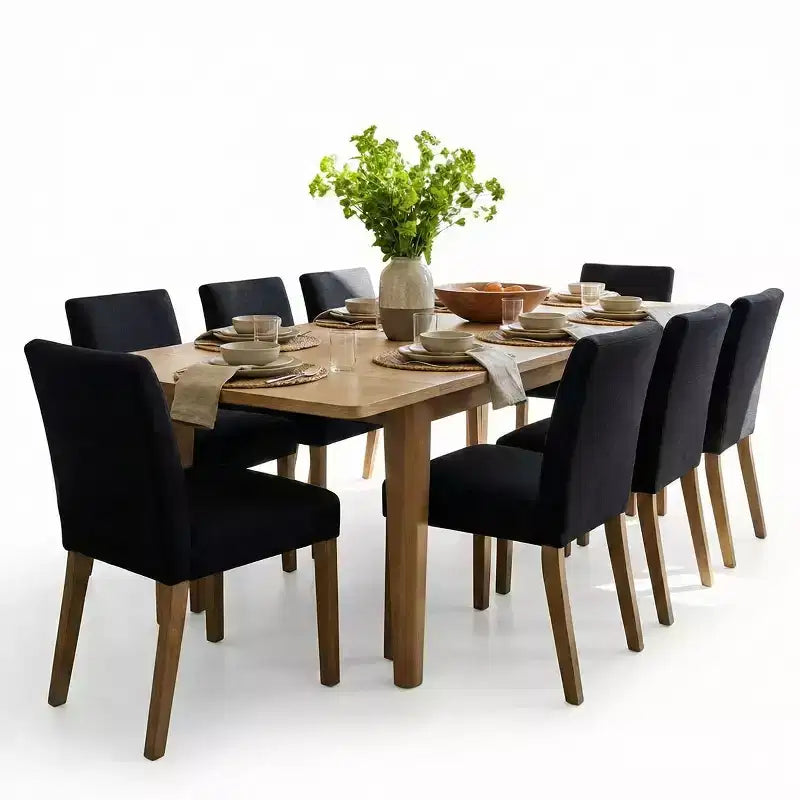 Set da Pranzo Espandibile per 8 Persone, Tavolo Rettangolare con Allunghe Rimovibili e Sedie in Lino Senza Braccioli, con Gambe in Legno Massello-Panipeachy