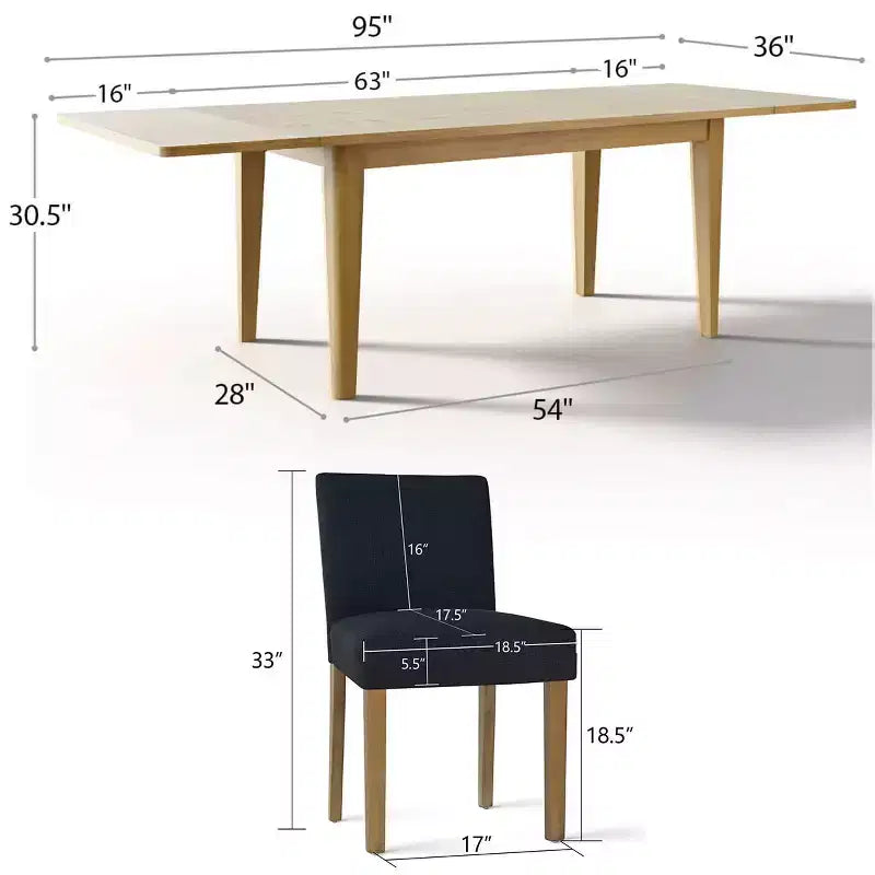 Set da Pranzo Espandibile per 8 Persone, Tavolo Rettangolare con Allunghe Rimovibili e Sedie in Lino Senza Braccioli, con Gambe in Legno Massello-Panipeachy