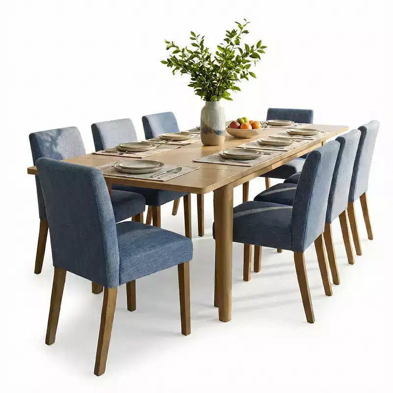 Set da Pranzo Espandibile per 8 Persone, Tavolo Rettangolare con Allunghe Rimovibili e Sedie in Lino Senza Braccioli, con Gambe in Legno Massello-Panipeachy