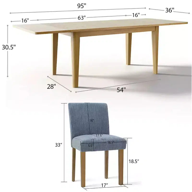 Set da Pranzo Espandibile per 8 Persone, Tavolo Rettangolare con Allunghe Rimovibili e Sedie in Lino Senza Braccioli, con Gambe in Legno Massello-Panipeachy