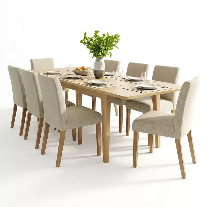 Set da Pranzo Espandibile per 8 Persone, Tavolo Rettangolare con Allunghe Rimovibili e Sedie in Lino Senza Braccioli, con Gambe in Legno Massello-Panipeachy