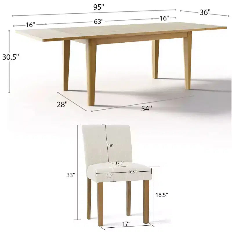 Set da Pranzo Espandibile per 8 Persone, Tavolo Rettangolare con Allunghe Rimovibili e Sedie in Lino Senza Braccioli, con Gambe in Legno Massello-Panipeachy