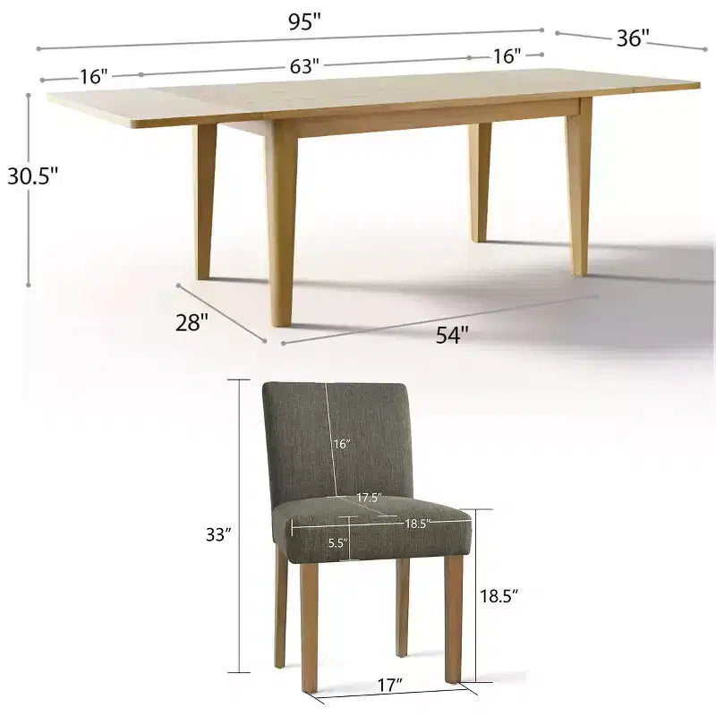 Set da Pranzo Espandibile per 8 Persone, Tavolo Rettangolare con Allunghe Rimovibili e Sedie in Lino Senza Braccioli, con Gambe in Legno Massello-Panipeachy