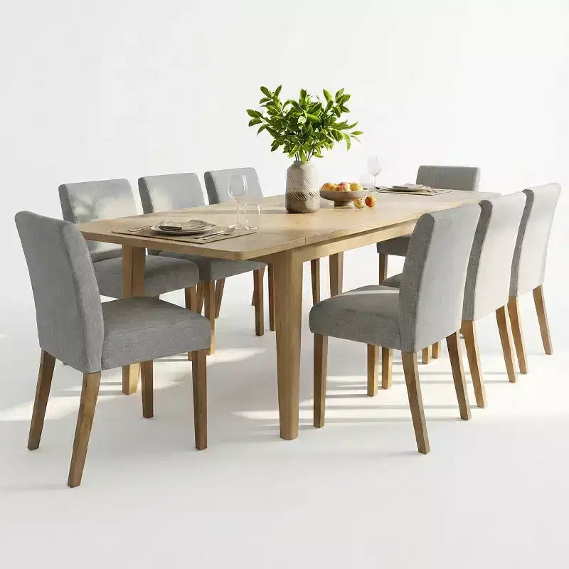 Set da Pranzo Espandibile per 8 Persone, Tavolo Rettangolare con Allunghe Rimovibili e Sedie in Lino Senza Braccioli, con Gambe in Legno Massello-Panipeachy