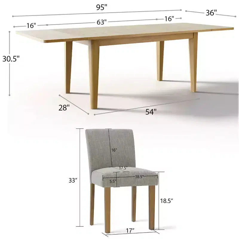 Set da Pranzo Espandibile per 8 Persone, Tavolo Rettangolare con Allunghe Rimovibili e Sedie in Lino Senza Braccioli, con Gambe in Legno Massello-Panipeachy