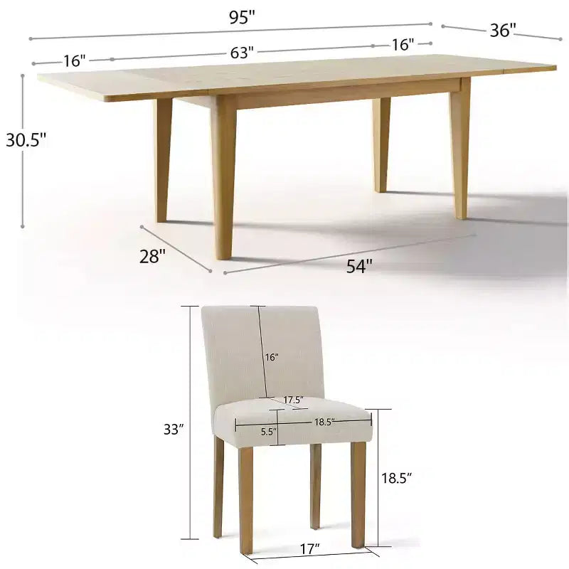 Set da Pranzo Espandibile per 8 Persone, Tavolo Rettangolare con Allunghe Rimovibili e Sedie in Lino Senza Braccioli, con Gambe in Legno Massello-Panipeachy