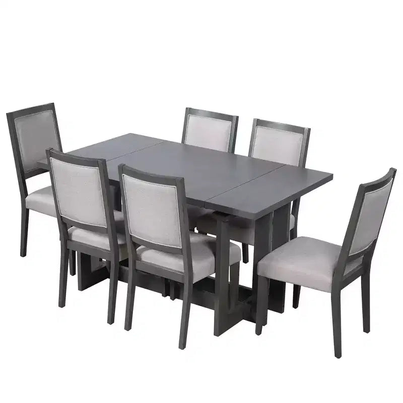 Set da pranzo rustico allungabile Whisen da 7 pezzi, tavolo da cucina a cavalletto da 82" e 6 sedie da pranzo imbottite con gambe in legno di gomma