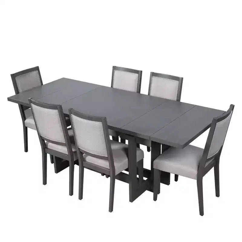 Set da pranzo rustico allungabile Whisen da 7 pezzi, tavolo da cucina a cavalletto da 82" e 6 sedie da pranzo imbottite con gambe in legno di gomma