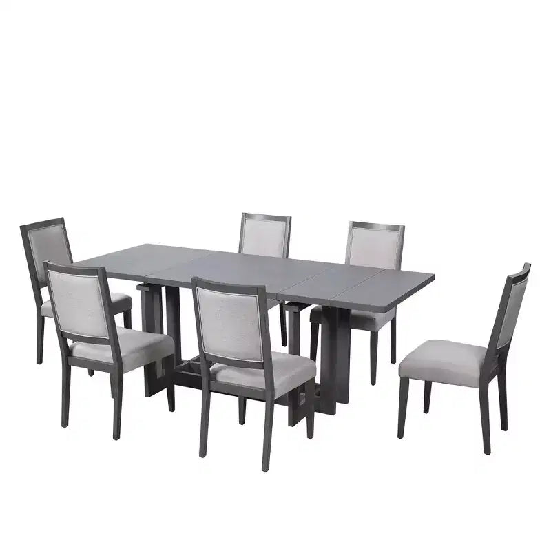 Set da pranzo rustico allungabile Whisen da 7 pezzi, tavolo da cucina a cavalletto da 82" e 6 sedie da pranzo imbottite con gambe in legno di gomma