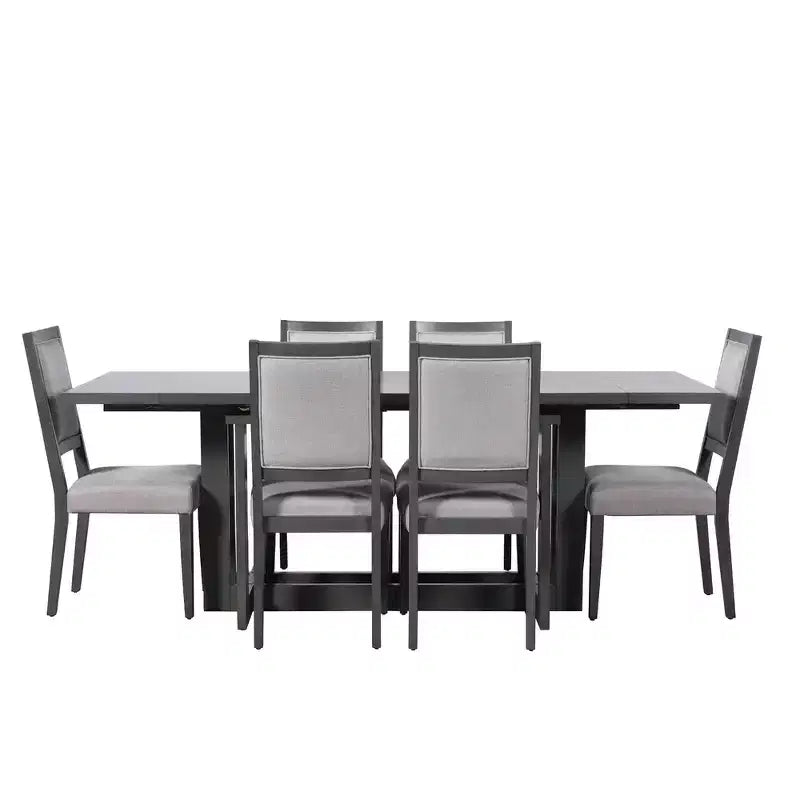 Set da pranzo rustico allungabile Whisen da 7 pezzi, tavolo da cucina a cavalletto da 82" e 6 sedie da pranzo imbottite con gambe in legno di gomma