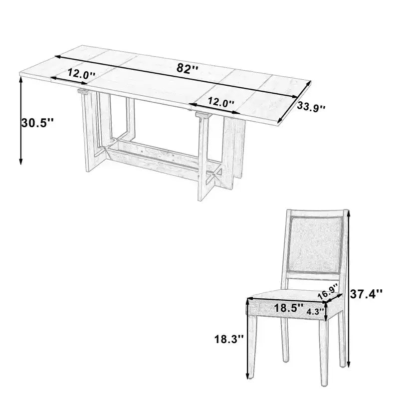 Set da pranzo rustico allungabile Whisen da 7 pezzi, tavolo da cucina a cavalletto da 82" e 6 sedie da pranzo imbottite con gambe in legno di gomma