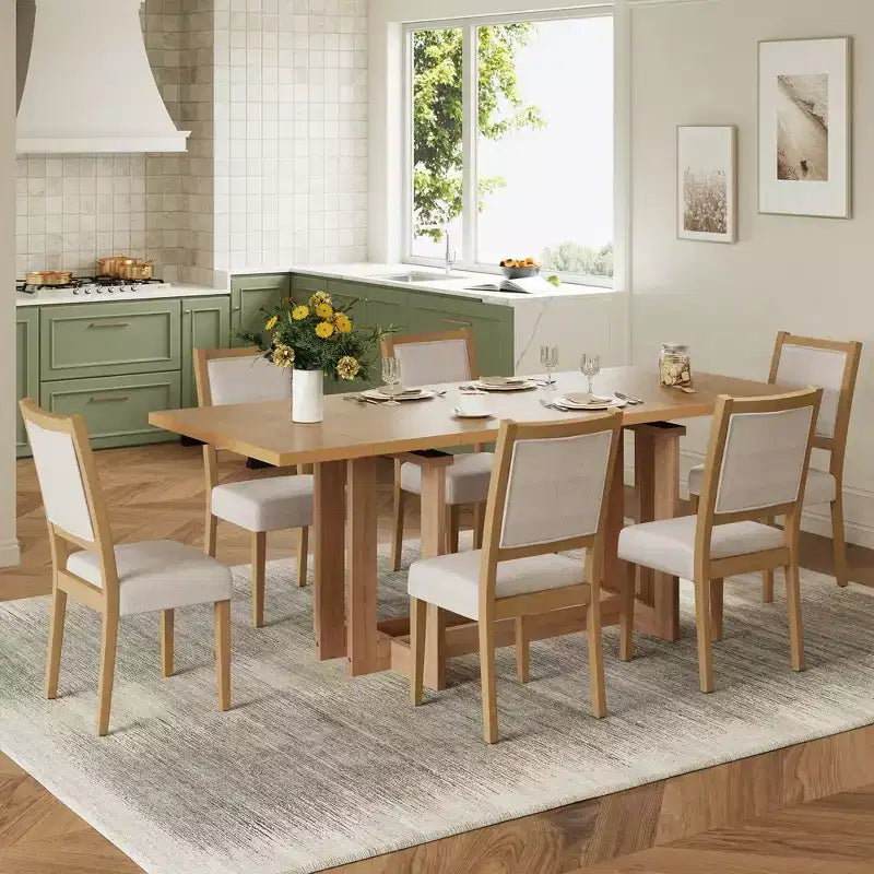 Set da pranzo rustico allungabile Whisen da 7 pezzi, tavolo da cucina a cavalletto da 82" e 6 sedie da pranzo imbottite con gambe in legno di gomma