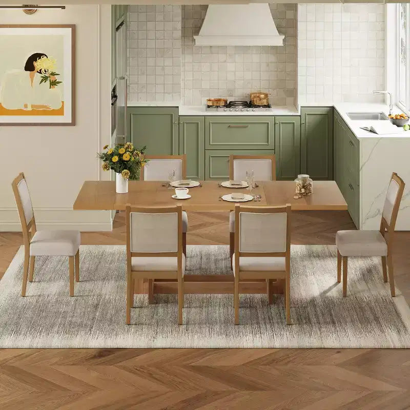 Set da pranzo rustico allungabile Whisen da 7 pezzi, tavolo da cucina a cavalletto da 82" e 6 sedie da pranzo imbottite con gambe in legno di gomma