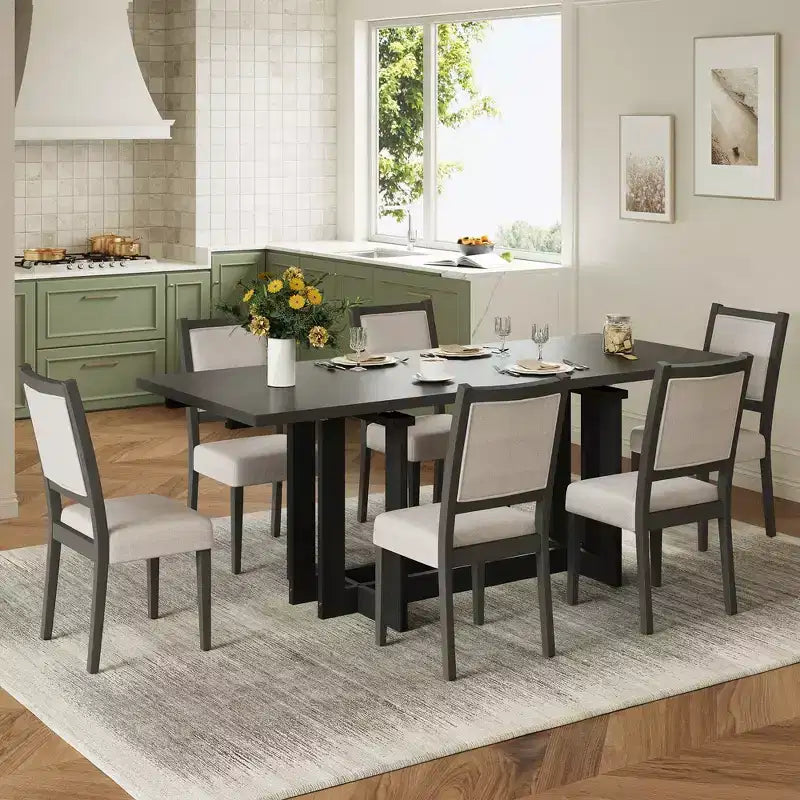 Set da pranzo rustico allungabile Whisen da 7 pezzi, tavolo da cucina a cavalletto da 82" e 6 sedie da pranzo imbottite con gambe in legno di gomma